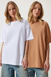 Happiness stanbul Women's White Biscuit 2-Piece Crew Neck Basic Oversize Knitted T-Shirt