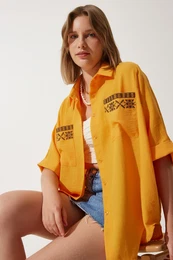 Happiness stanbul Women's Orange Embroidered Oversize Linen Ayrobin Shirt with Pockets