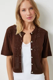 Happiness stanbul Women's Brown Openwork Seasonal Knitwear Cardigan