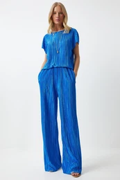 Happiness stanbul Women's Blue Pleated Casual Blouse Trousers Set