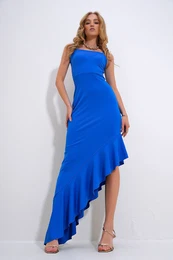 Trend Alaat Stili Women's Blue Adjustable Strap Skirt Flywheel Asymmetrical Cut Dress