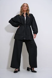 Trend Alaat Stili Women's Black High Collar Front Zipper Double Pocket Woven Jacket and Trousers Double Suit