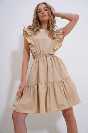 Trend Alaat Stili Women's Beige Boat Neck Low-cut Waist Poplin Dress