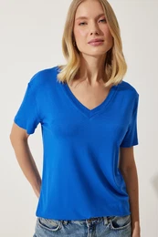 Happiness stanbul Women's Cobalt Blue V-Neck Basic Viscose Knitted T-Shirt