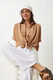 Happiness stanbul Women's Biscuit Tie Detailed Linen Blouse