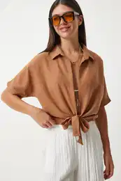 Happiness stanbul Women's Camel Tie Detailed Linen Blouse