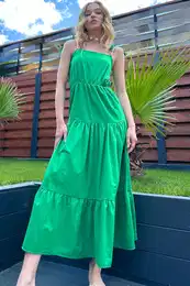 Trend Alaat Stili Women's Green Layered Flounce Strap Midilength Dress with Bead Accessories