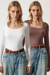 Happiness stanbul Women's Brown White Square Collar Double Pack Knitted Blouse