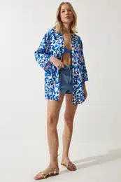 Happiness stanbul Women's Blue Patterned Viscose Kimono