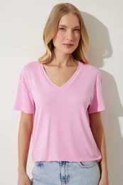 Happiness stanbul Women's Pink V-Neck Basic Viscose Knitted T-Shirt