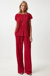 Happiness stanbul Women's Red Pleated Casual Blouse Trousers Set