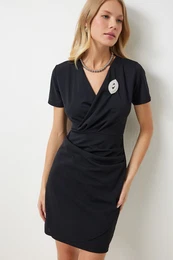 Happiness stanbul Women's Black Brooch Wrap Collar Mini Woven Dress