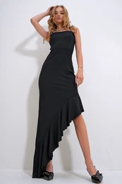 Trend Alaat Stili Women's Black Adjustable Strap Skirt Flywheel Asymmetrical Cut Dress