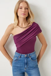 Happiness stanbul Women's Plum One Shoulder Gathered Knitted Blouse