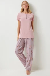 Happiness stanbul Women's Pink Buttoned T-Shirt Floral Pants Knitted Pajama Set