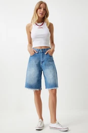 Happiness stanbul Women's Blue Baggy Denim Bermuda Shorts