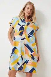 Happiness stanbul Women's Yellow Blue Polo Neck Patterned Summer Dress