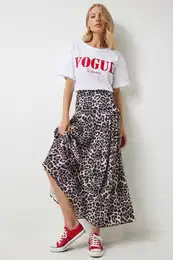 Happiness stanbul Women's Black Beige Leopard Patterned Flounce Summer Poplin Skirt