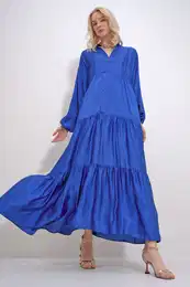 Trend Alaat Stili Women's Saks Crew Neck Buttoned Flounced Skirt Gathered Viscose Dress