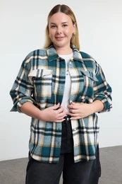Curve Blue Plaid Long Sleeve Winter Woven Plus Size Shirt