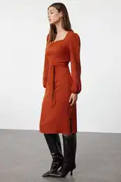 Brown Plain Midi Woven Dress