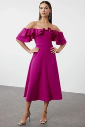 Fuchsia A-Line Carmen Collar Woven Elegant Evening Dress