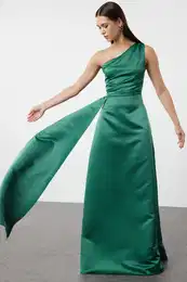 Emerald Green One Shoulder Woven Satin Evening Dress & Graduation Dress