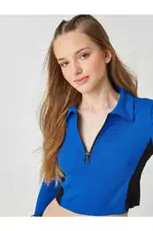 Long Sleeve T-Shirt Crop Polo Neck Half Zipper