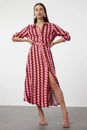 Multicolored Retro Patterned Woven Shirt Dress