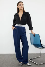 Navy Blue Wide Leg High Waist Belt Detailed Woven Fabric Trousers