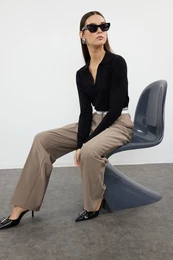 Brown Wide Leg High Waist Belt Detailed Woven Fabric Trousers