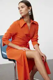 Tile Tie Detailed Midi Woven Shirt Dress