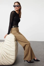 Mink Wide Leg High Waist Woven Fabric Trousers