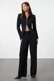 Black Wide Leg High Waist Woven Fabric Trousers
