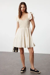 Beige A-Line Upper Size Guipure Detailed Mini Woven Dress