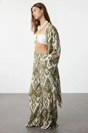 Mono Patterned Belted Mini Woven Beach Kimono&Caftan