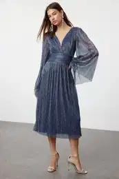 Navy Blue A-Cut V-Neck Glittering Knitted Elegant Evening Dress