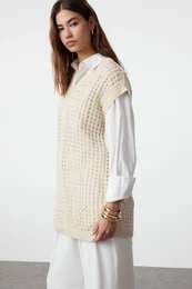 Beige Openwork/Hole Knitwear Sweater