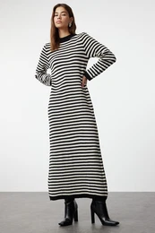 Black and White Striped Long Knitwear Dress