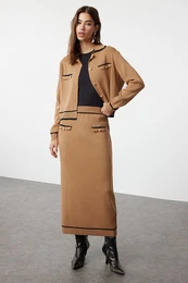 Camel Piping Knitwear Cardigan Skirt Bottom-Top Set