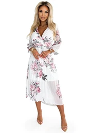 Women's pleated midi dress with neckline and belt