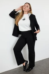 Curve Black Rib Detailed Elastic Waist Knitted Wide Leg Plus Size Trousers