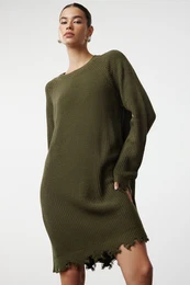 Khaki Mini Knitwear Wide Patterned Plain Dress with Draping Detail