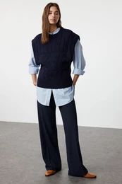 Navy Blue Self-Patterned Crew Neck Knitwear Sweater