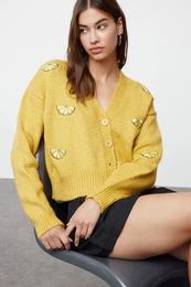 Yellow Soft Textured Embroidery Detailed V-Neck Knitwear Cardigan
