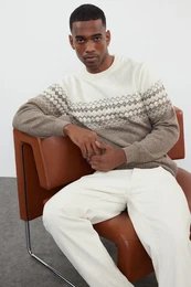 Mink Slim Wool Crew Neck Ethnic Knitwear Sweater