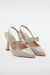 Beige Belted Buckle Detailed Women's Heeled Shoes