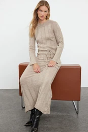 Mink Maxi Knit Soft Textured Tie Detail Dress