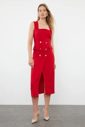 Red Button Detailed Midi Double Breasted Skirt Closure Pencil Skirt Woven Dress