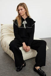 Black Ecru Piping Collar Detailed Knitwear Bottom-Top Set